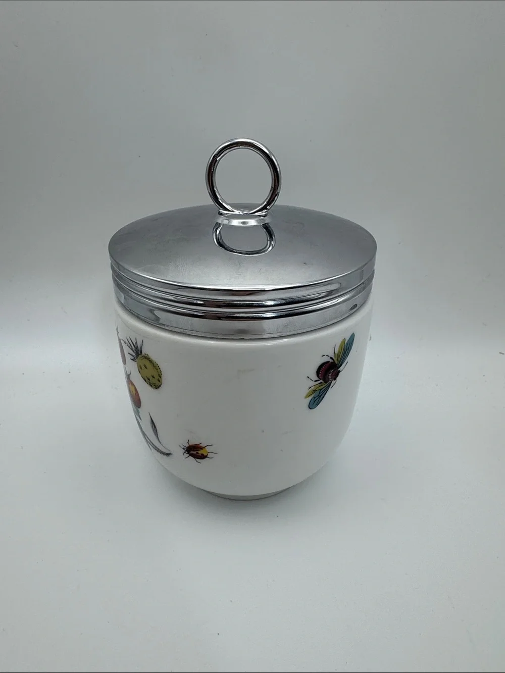Royal Worcester White Porcelain Lidded Jar with Fruit and Floral Accents 4”